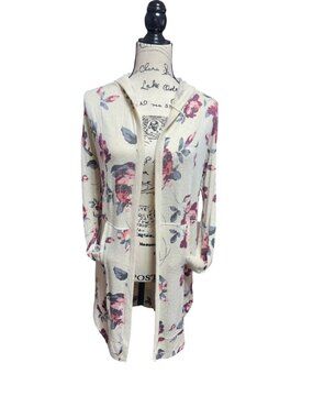 Floral Open Front Hooded Cardigan Sweater By Altard State Size S Beige & Pink